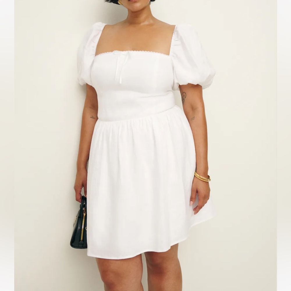 Reformation White Puff-Sleeve Square-Neck Dress